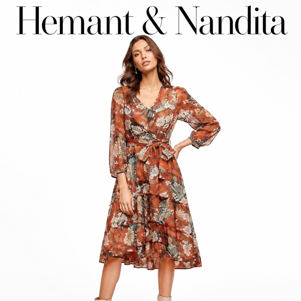 Hemant & Nandita Rust Orange Floral Midi Dress